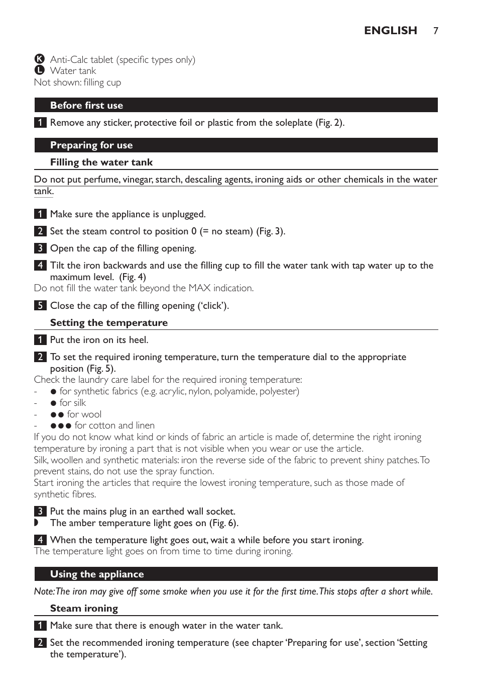 Before first use, Preparing for use, Filling the water tank | Setting the temperature, Using the appliance, Steam ironing | Philips GC3321 User Manual | Page 7 / 112