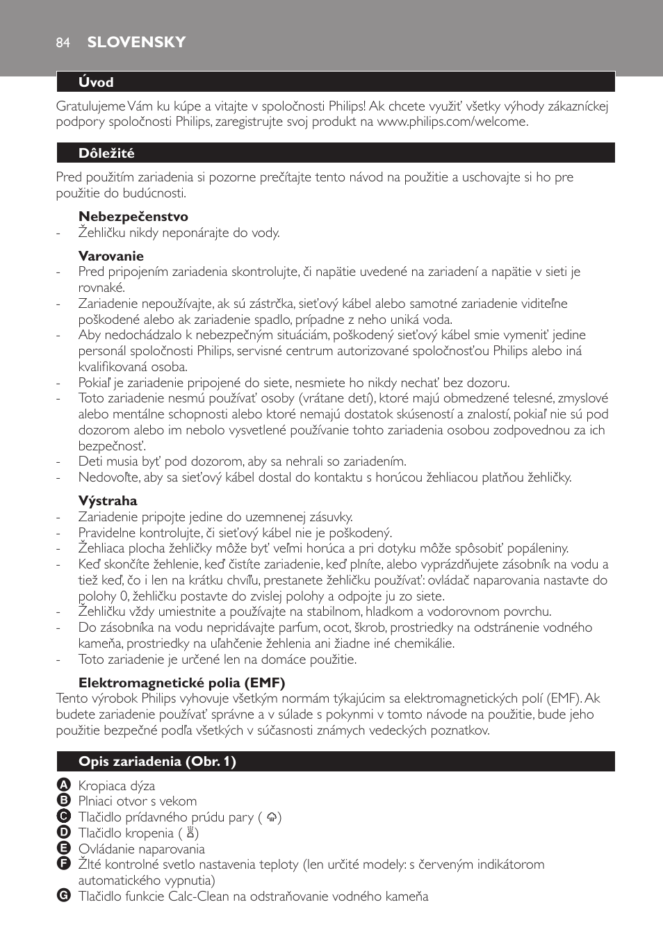 Nebezpečenstvo, Varovanie, Výstraha | Elektromagnetické polia (emf), Slovensky, Úvod, Dôležité, Opis zariadenia (obr. 1) | Philips GC3321 User Manual | Page 84 / 112
