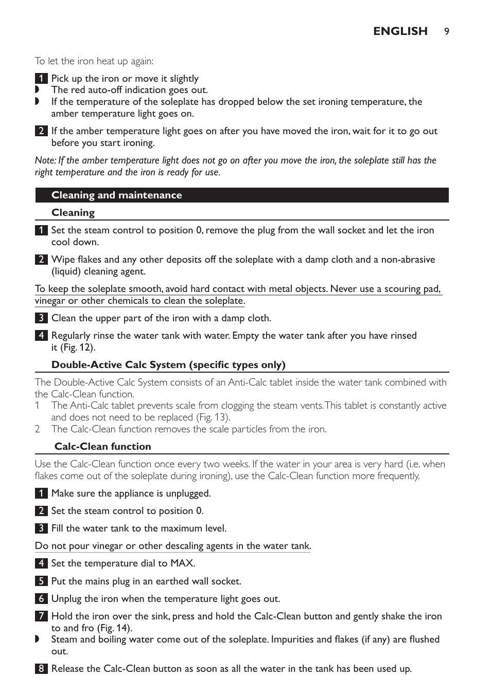 Cleaning and maintenance, Cleaning, Double-active calc system (specific types only) | Calc-clean function | Philips GC3321 User Manual | Page 9 / 112