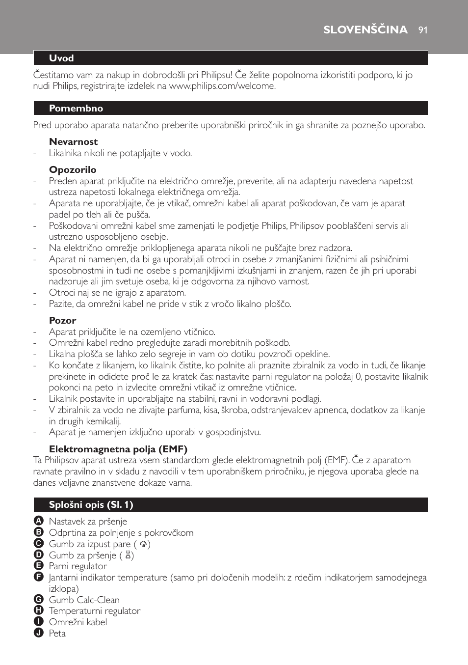 Nevarnost, Opozorilo, Pozor | Elektromagnetna polja (emf), Slovenščina, Uvod, Pomembno, Splošni opis (sl. 1) | Philips GC3321 User Manual | Page 91 / 112