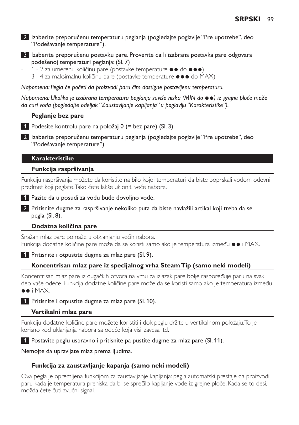 Peglanje bez pare, Karakteristike, Funkcija raspršivanja | Dodatna količina pare, Vertikalni mlaz pare | Philips GC3321 User Manual | Page 99 / 112