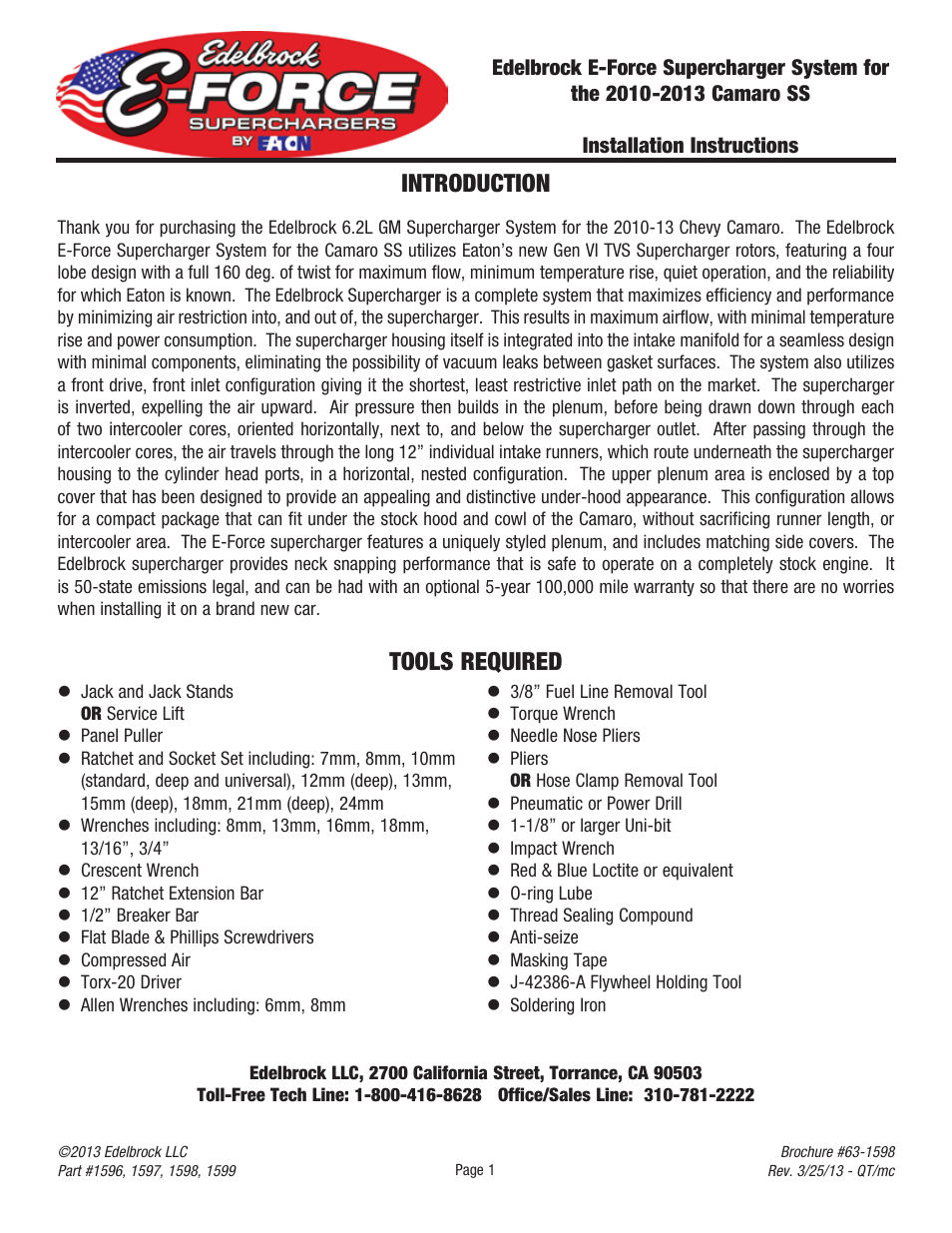 Introduction tools required | Edelbrock 2010 User Manual | Page 2 / 28