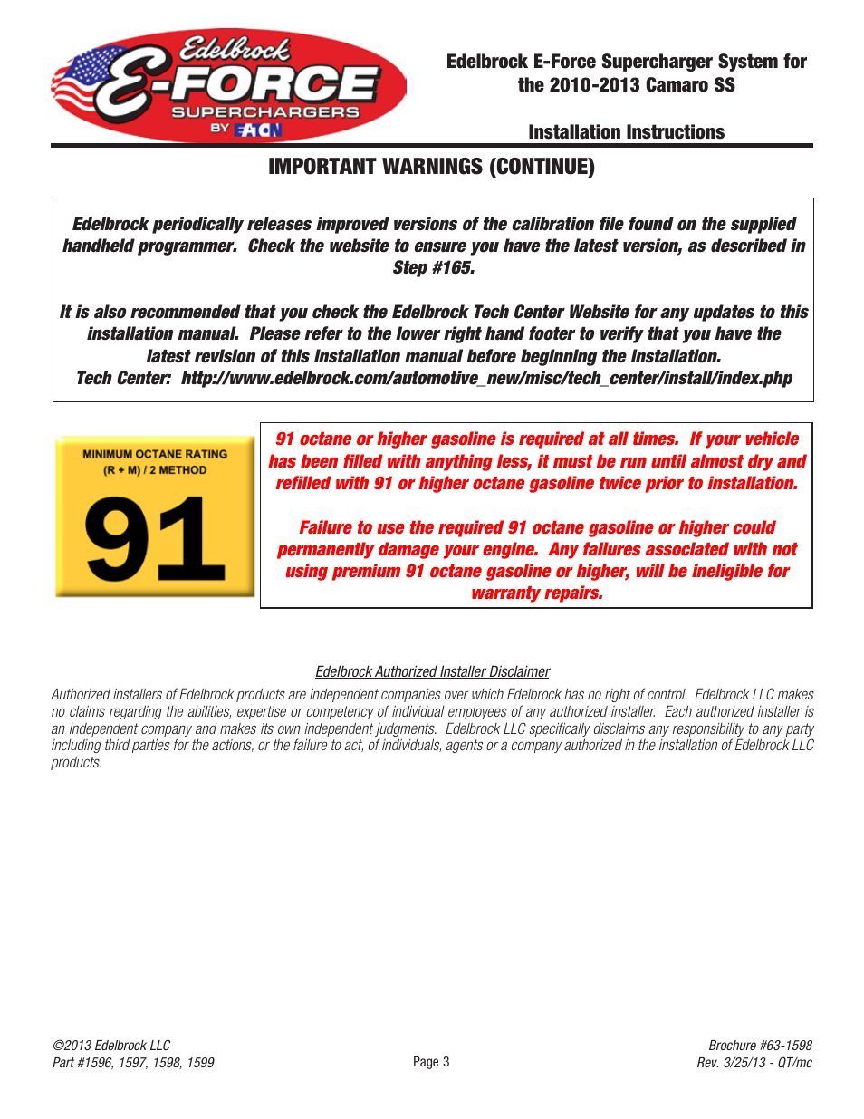 Important warnings (continue) | Edelbrock 2010 User Manual | Page 4 / 28