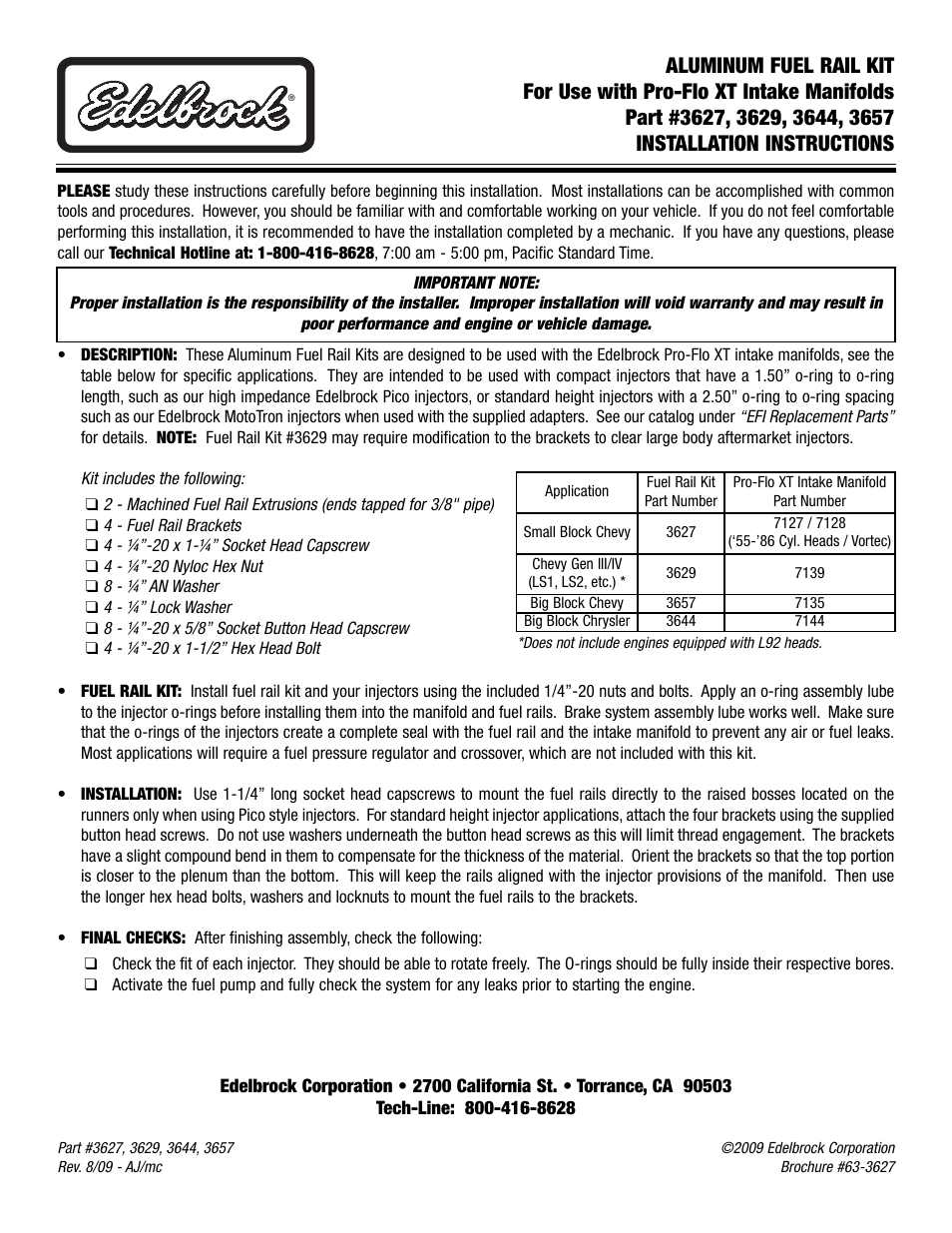 Edelbrock 3627 User Manual | 1 page