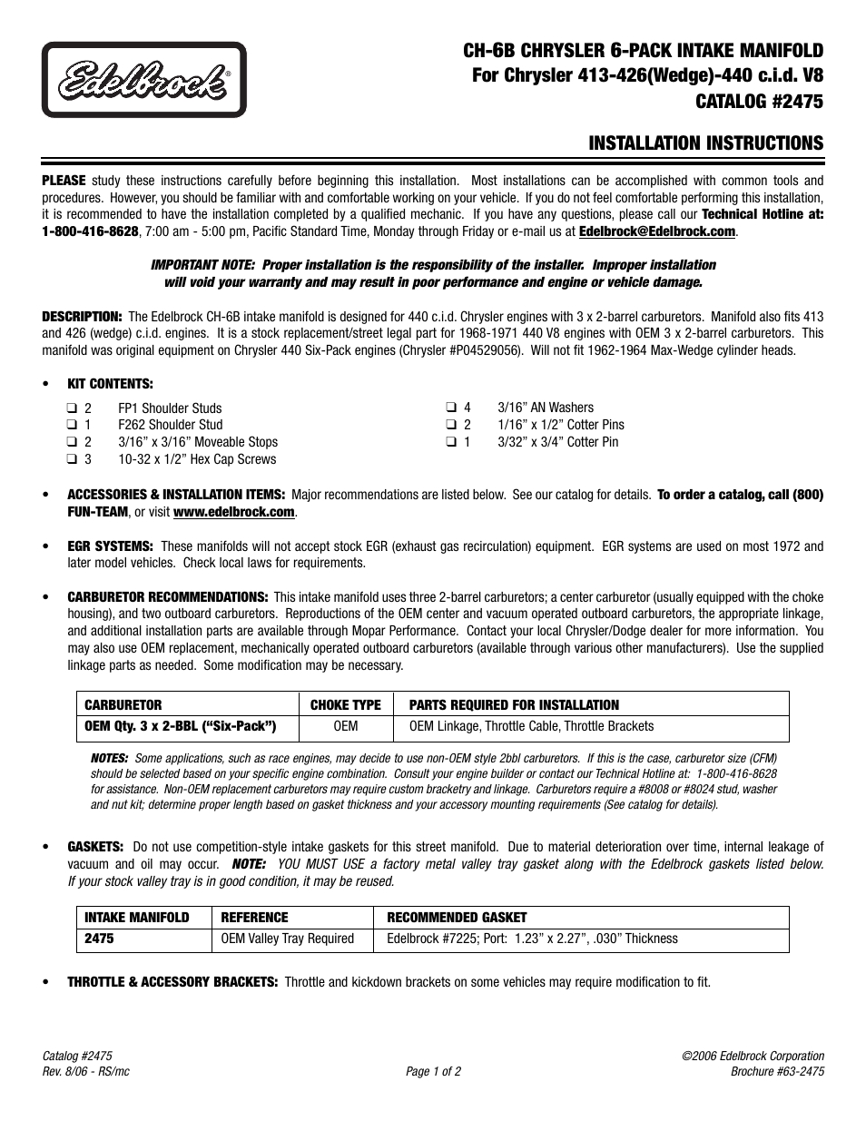 Edelbrock 2475 User Manual | 2 pages