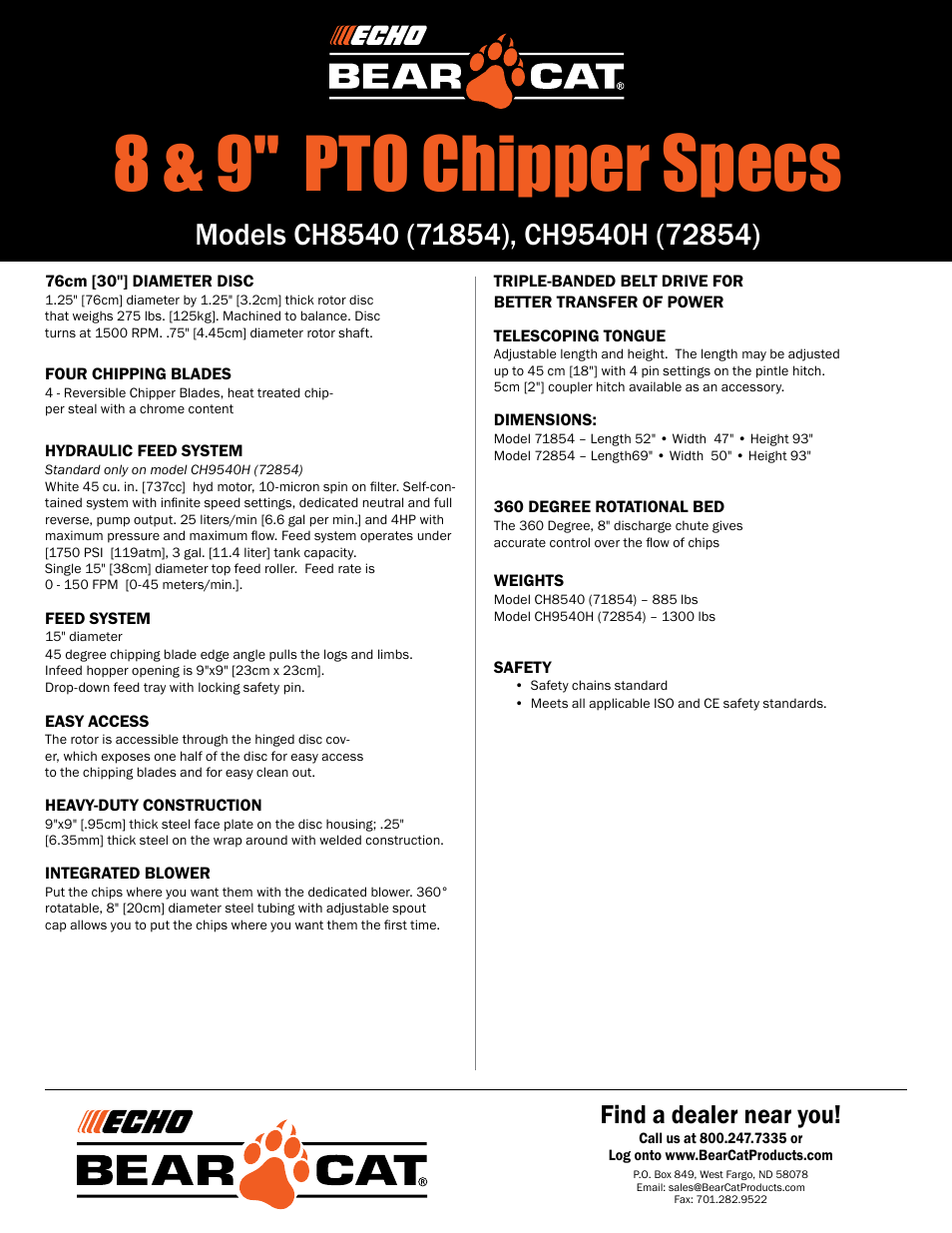 Specs, 8 & 9" pto chipper, Find a dealer near you | Echo Bear Cat CH9540H (72854) User Manual | Page 2 / 2