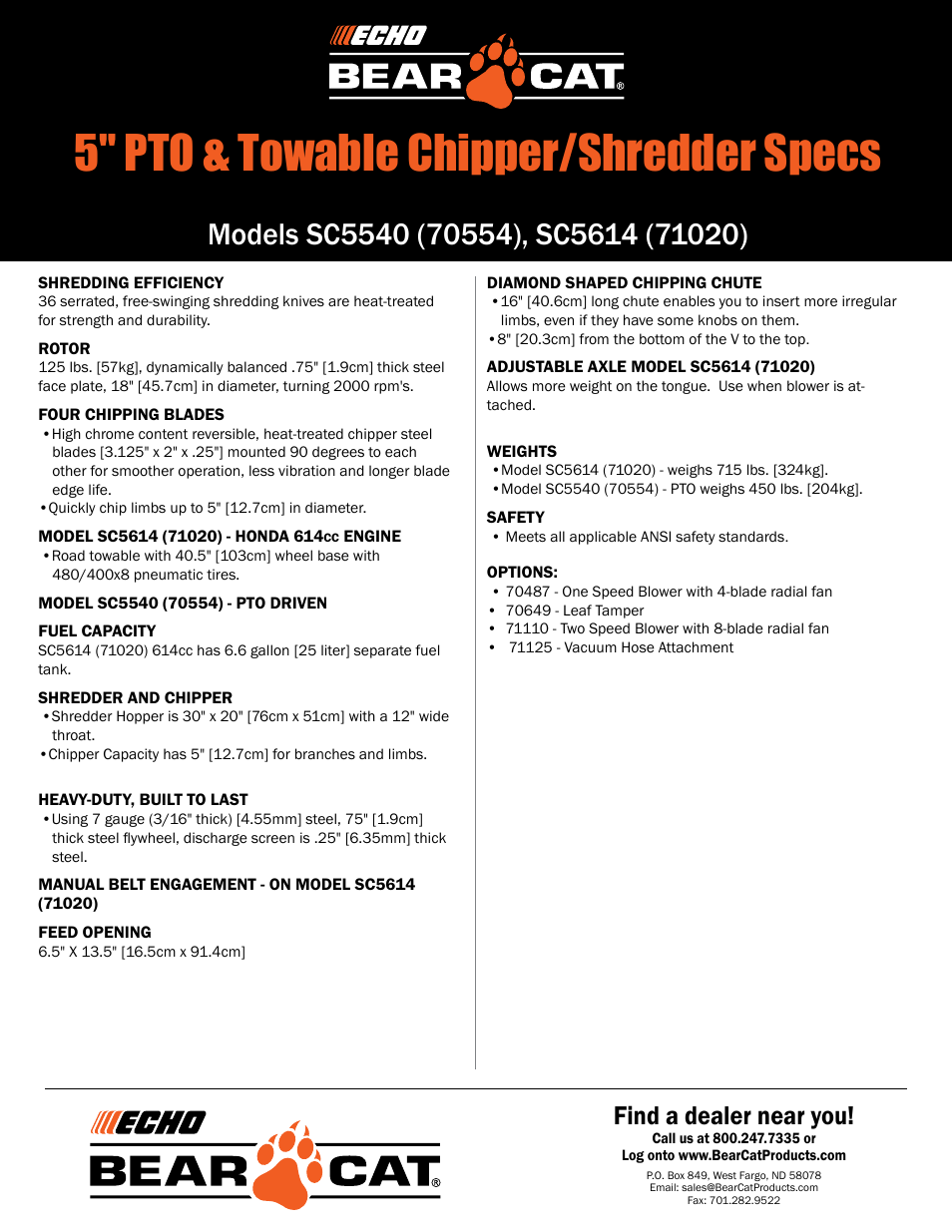 5" pto & towable chipper/shredder specs, Find a dealer near you | Echo Bear Cat SC5614 (71020) User Manual | Page 2 / 2