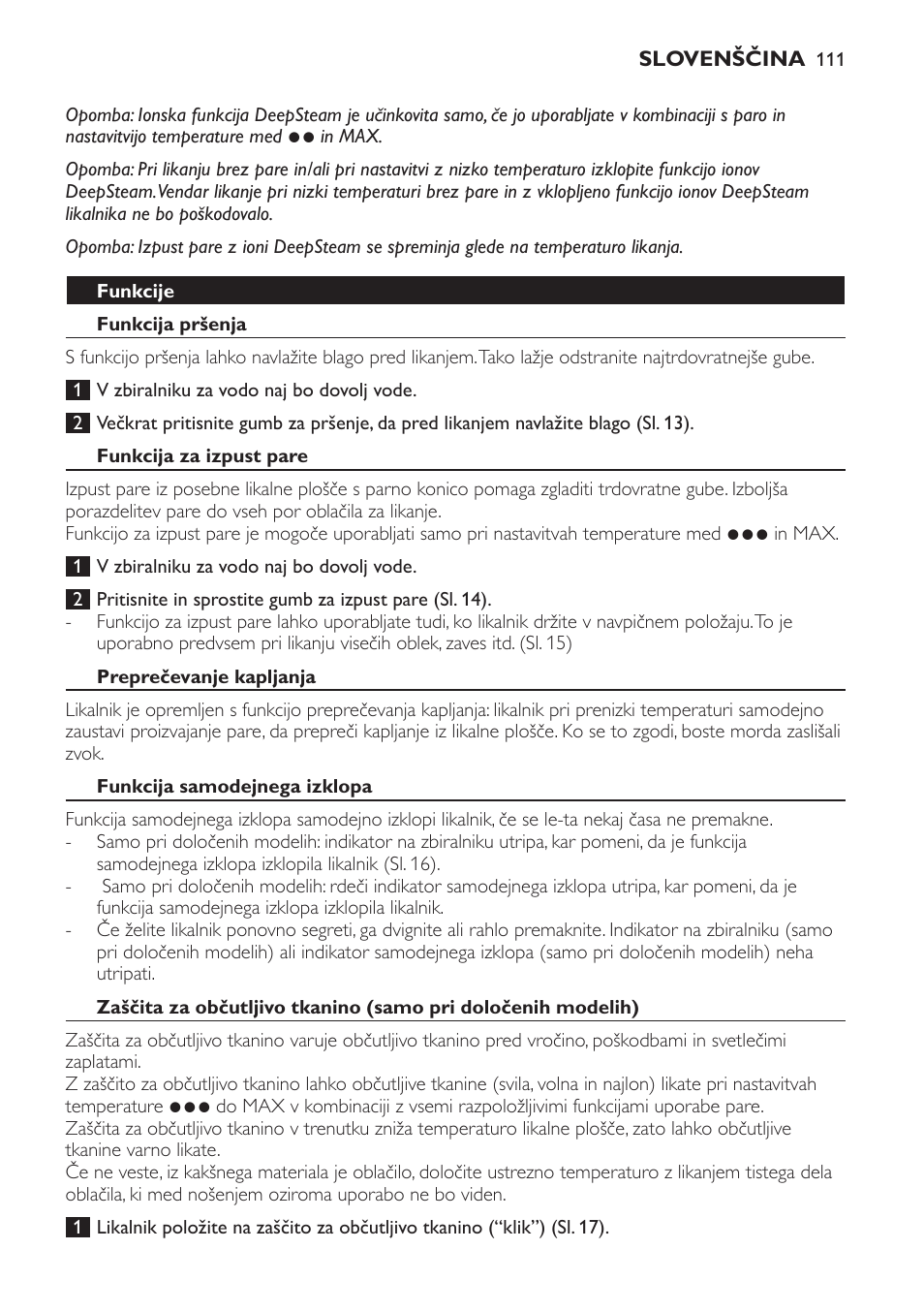 Funkcije, Funkcija pršenja, Funkcija za izpust pare | Preprečevanje kapljanja, Funkcija samodejnega izklopa | Philips GC4620 User Manual | Page 111 / 136