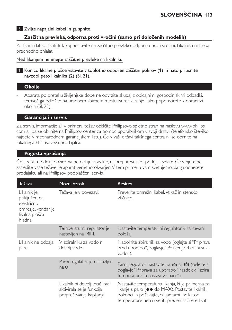 Okolje, Garancija in servis, Pogosta vprašanja | Philips GC4620 User Manual | Page 113 / 136