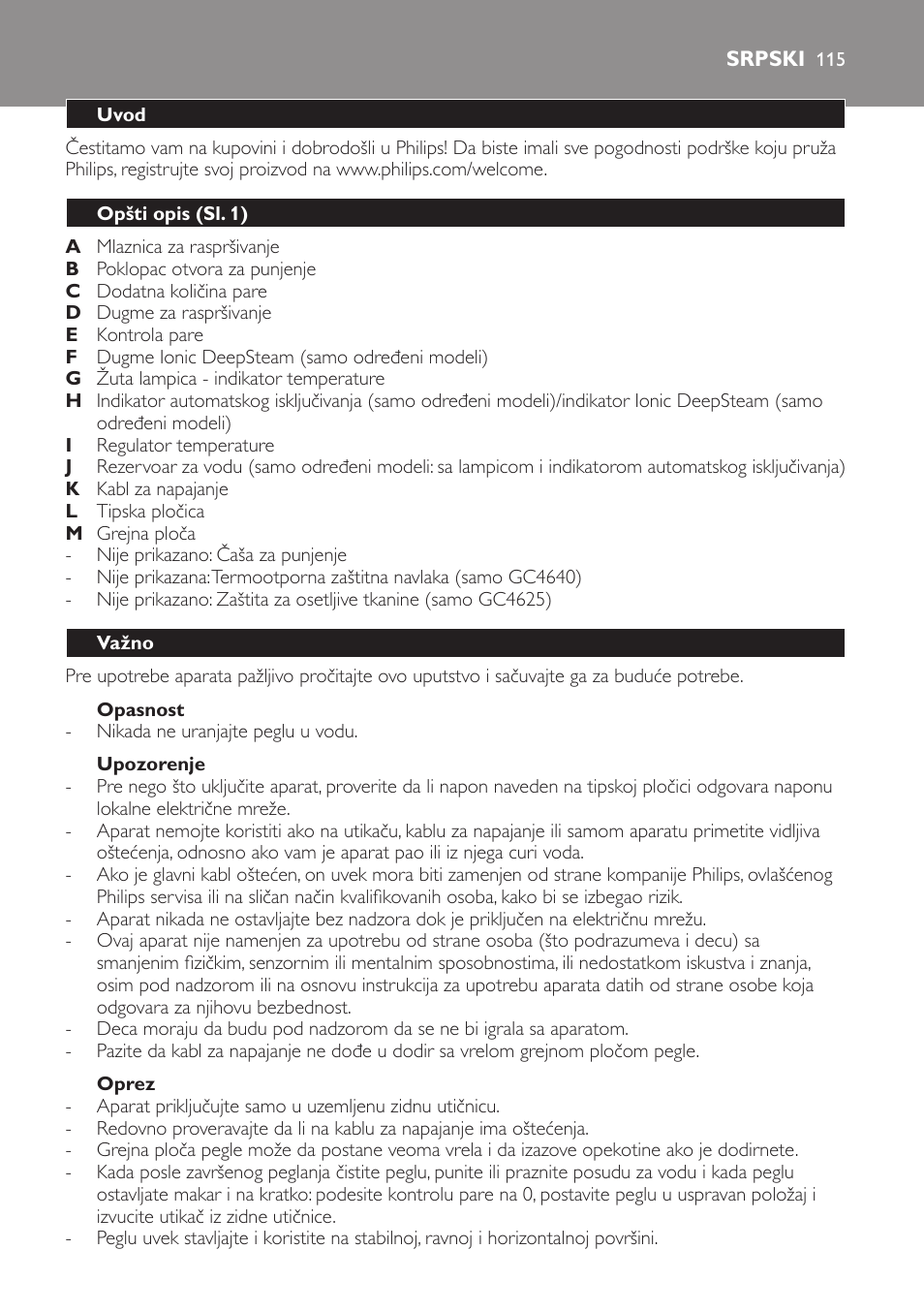 Opasnost, Upozorenje, Oprez | Srpski, Uvod, Opšti opis (sl. 1), Važno | Philips GC4620 User Manual | Page 115 / 136