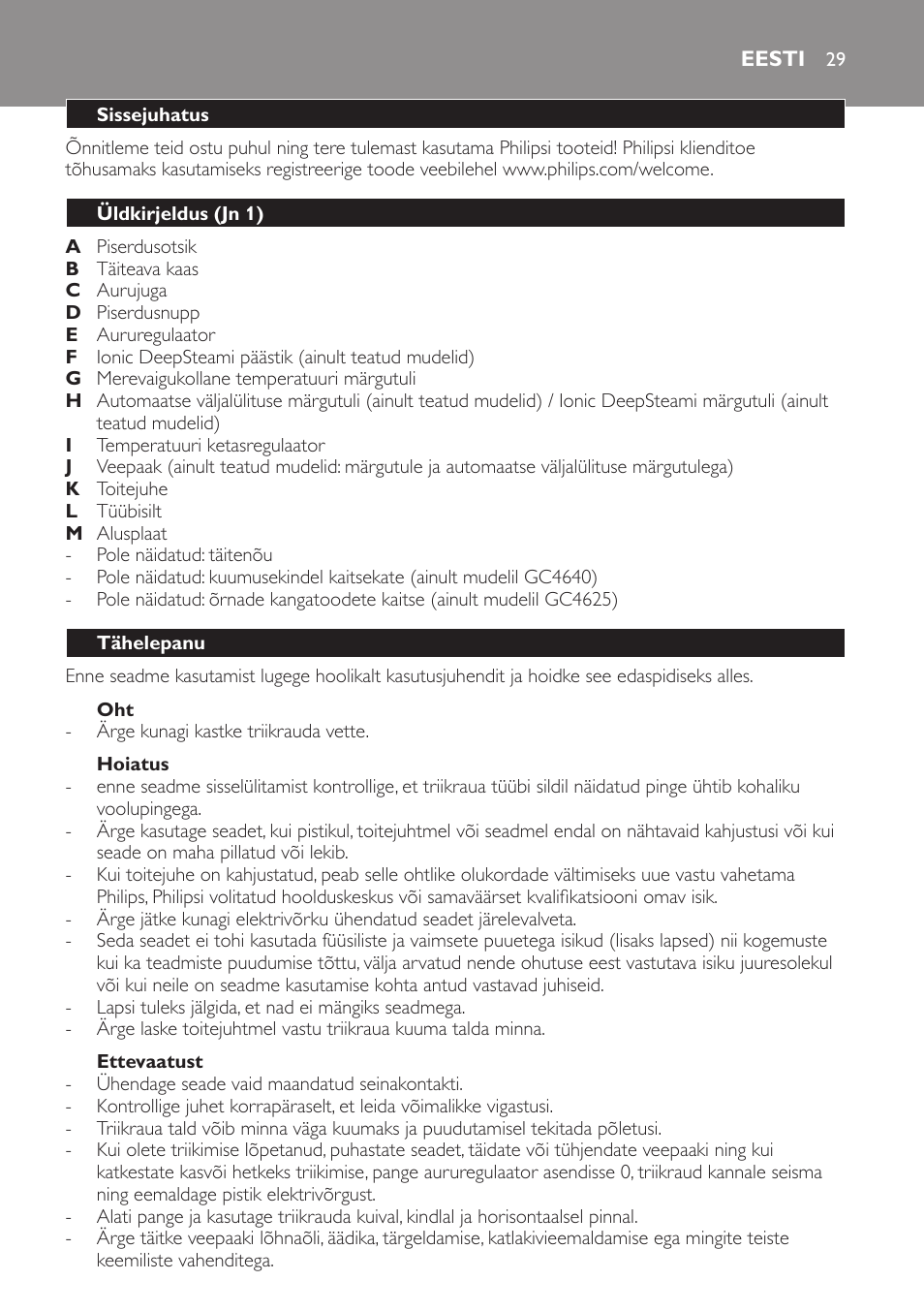 Hoiatus, Ettevaatust, Eesti | Sissejuhatus, Üldkirjeldus (jn 1), Tähelepanu | Philips GC4620 User Manual | Page 29 / 136