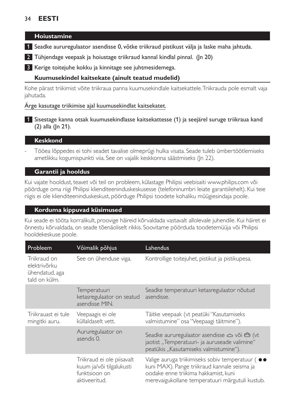 Hoiustamine, Kuumusekindel kaitsekate (ainult teatud mudelid), Keskkond | Garantii ja hooldus, Korduma kippuvad küsimused | Philips GC4620 User Manual | Page 34 / 136