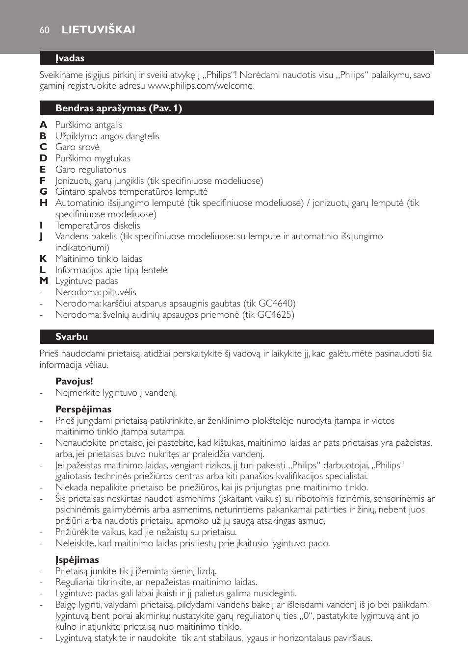 Pavojus, Perspėjimas, Įspėjimas | Lietuviškai, Įvadas, Bendras aprašymas (pav. 1), Svarbu | Philips GC4620 User Manual | Page 60 / 136