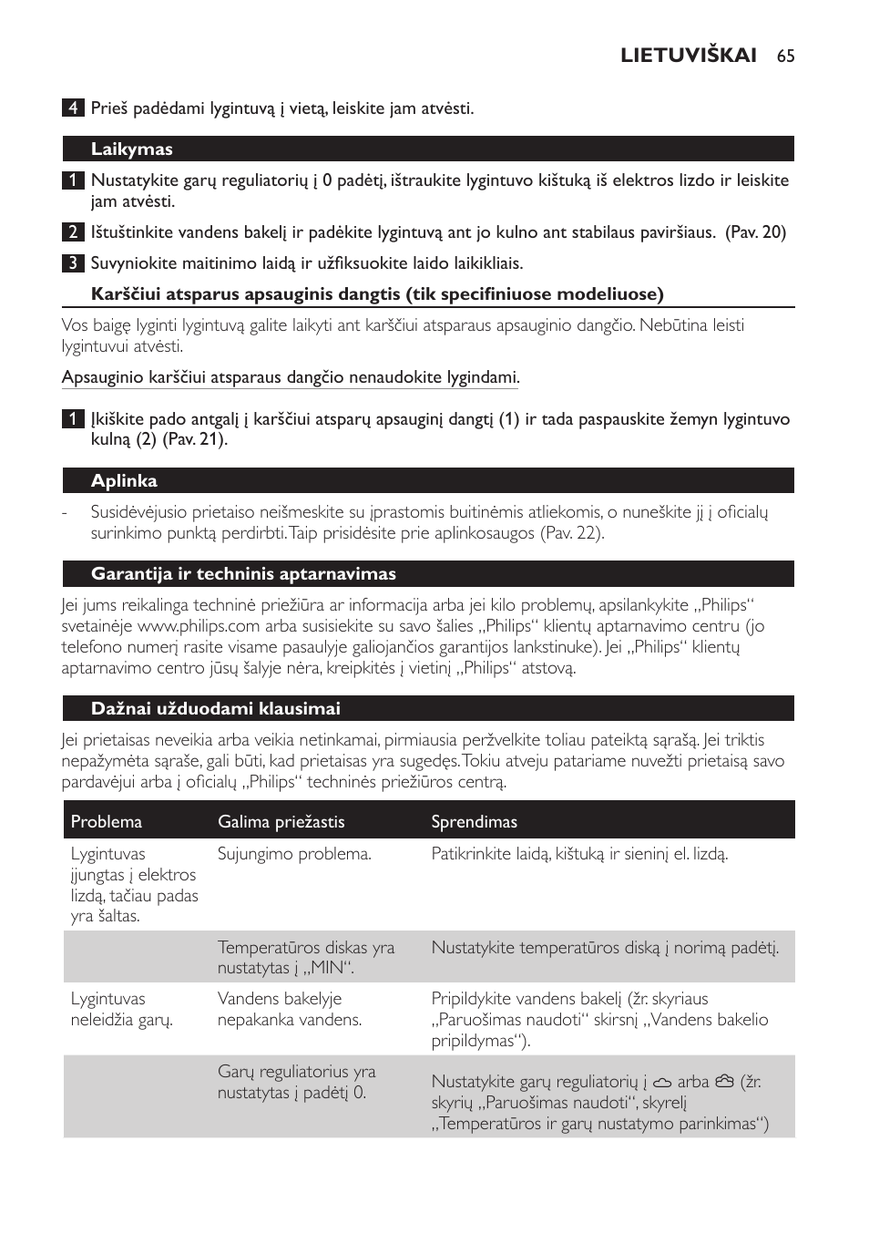 Laikymas, Aplinka, Garantija ir techninis aptarnavimas | Dažnai užduodami klausimai | Philips GC4620 User Manual | Page 65 / 136