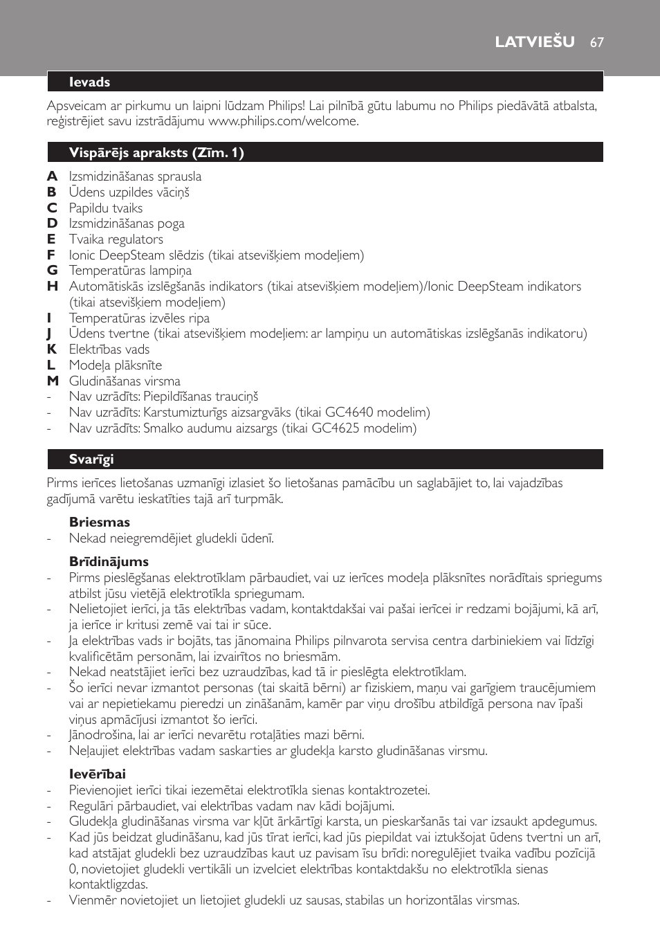 Briesmas, Brīdinājums, Ievērībai | Latviešu, Ievads, Vispārējs apraksts (zīm. 1), Svarīgi | Philips GC4620 User Manual | Page 67 / 136