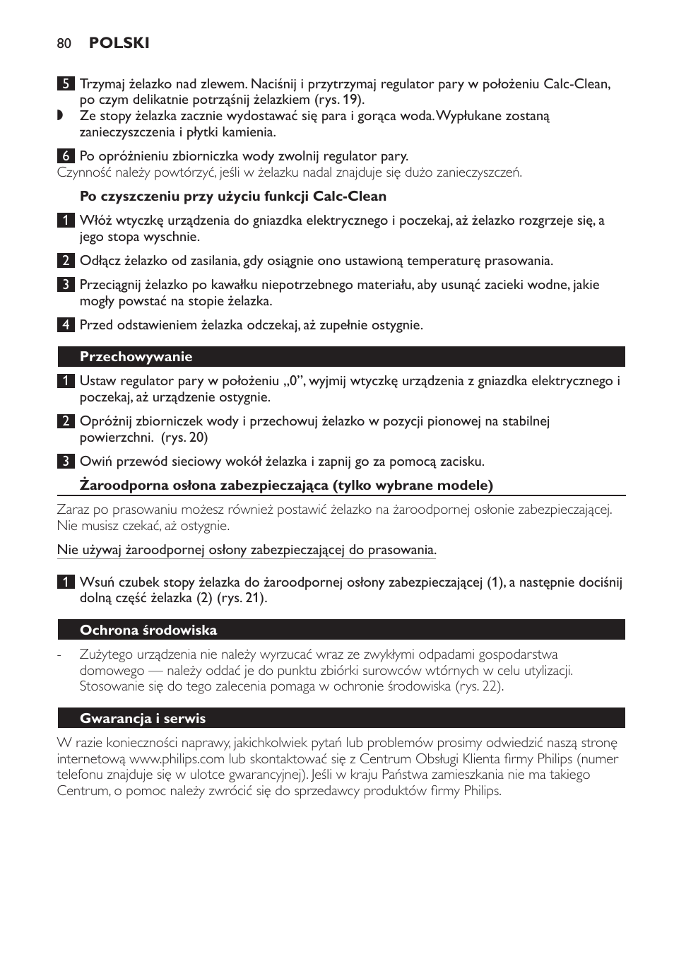 Po czyszczeniu przy użyciu funkcji calc-clean, Przechowywanie, Ochrona środowiska | Gwarancja i serwis, Często zadawane pytania | Philips GC4620 User Manual | Page 80 / 136