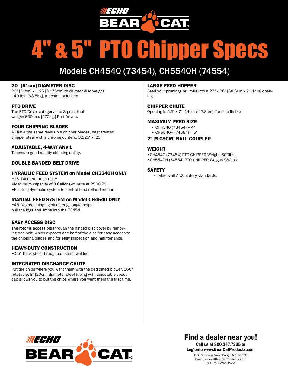 4" & 5" pto chipper specs, Find a dealer near you | Echo Bear Cat CH5540H* User Manual | Page 2 / 2
