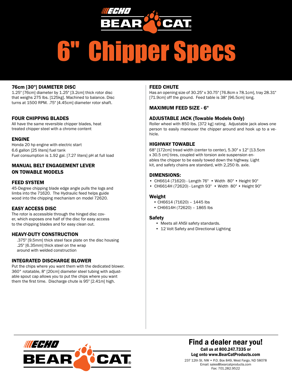 6" chipper specs, Find a dealer near you | Echo Bear Cat CH6614H (72620) User Manual | Page 2 / 2