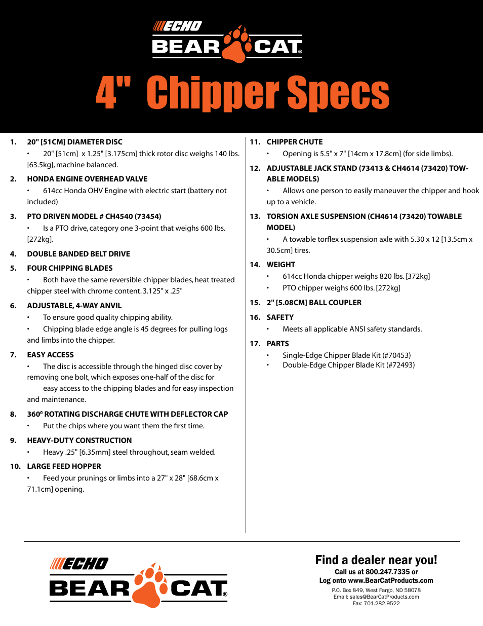 4" chipper specs, Find a dealer near you | Echo Bear Cat CH4540 (73454) User Manual | Page 2 / 2