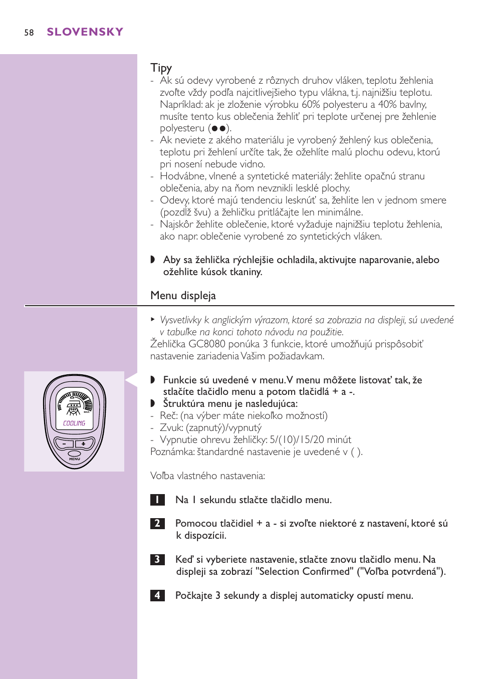 Tipy | Philips GC8080 User Manual | Page 58 / 102