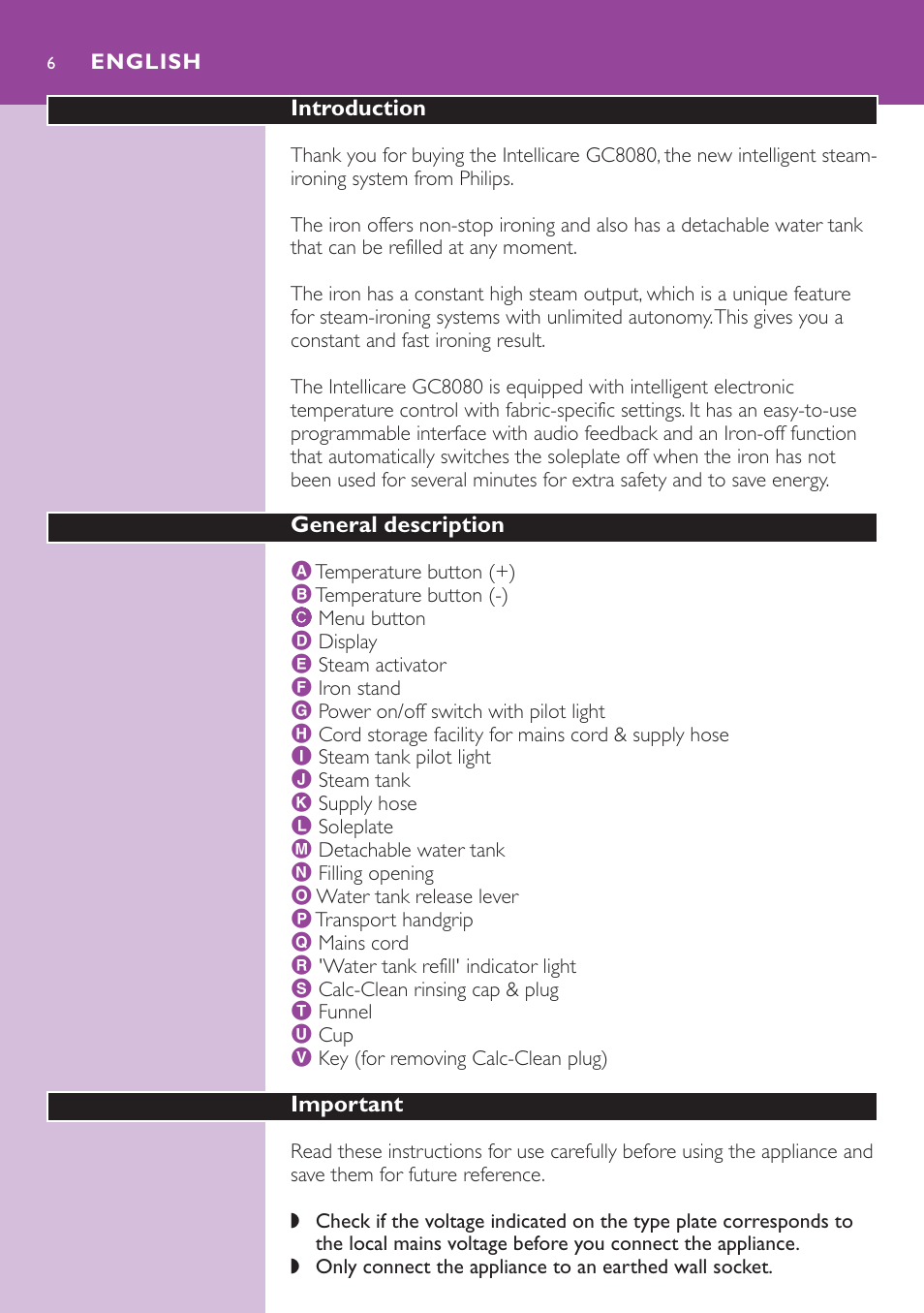 English 6 | Philips GC8080 User Manual | Page 6 / 102