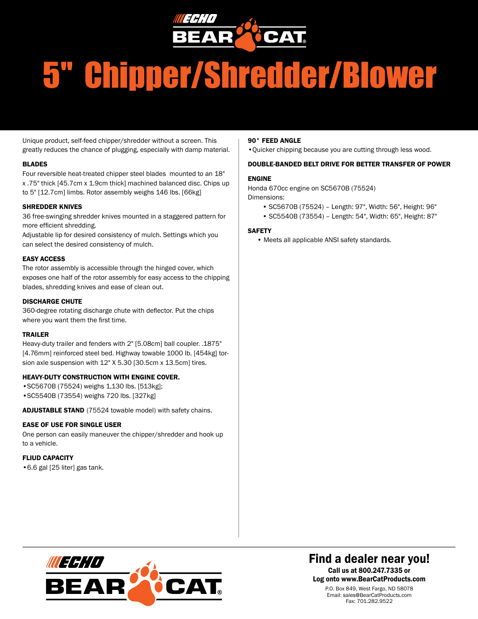 5" chipper/shredder/blower, Find a dealer near you | Echo Bear Cat SC5670B (75524) User Manual | Page 2 / 2