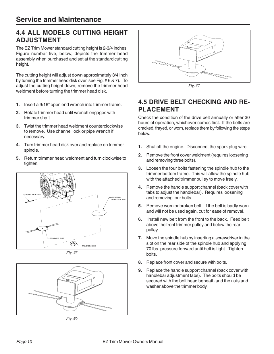 Service and maintenance, 4 all models cutting height adjustment, 5 drive belt checking and re- placement | Echo Bear Cat 73050 User Manual | Page 14 / 22