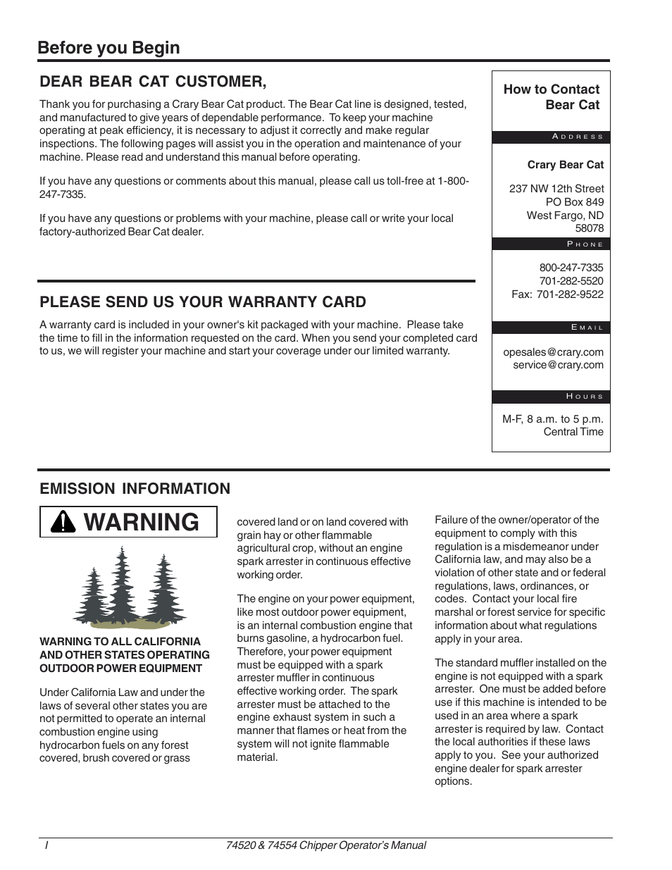 Warning, Before you begin, Dear bear cat customer | Please send us your warranty card, Emission information | Echo Bear Cat 73050 User Manual | Page 2 / 22