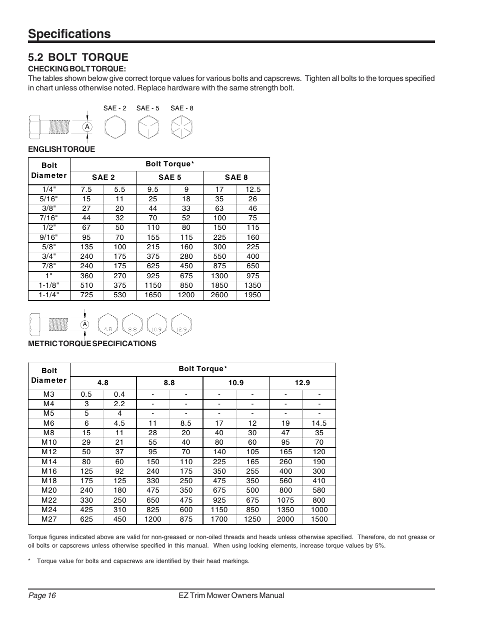 Specifications, 2 bolt torque | Echo Bear Cat 73050 User Manual | Page 20 / 22
