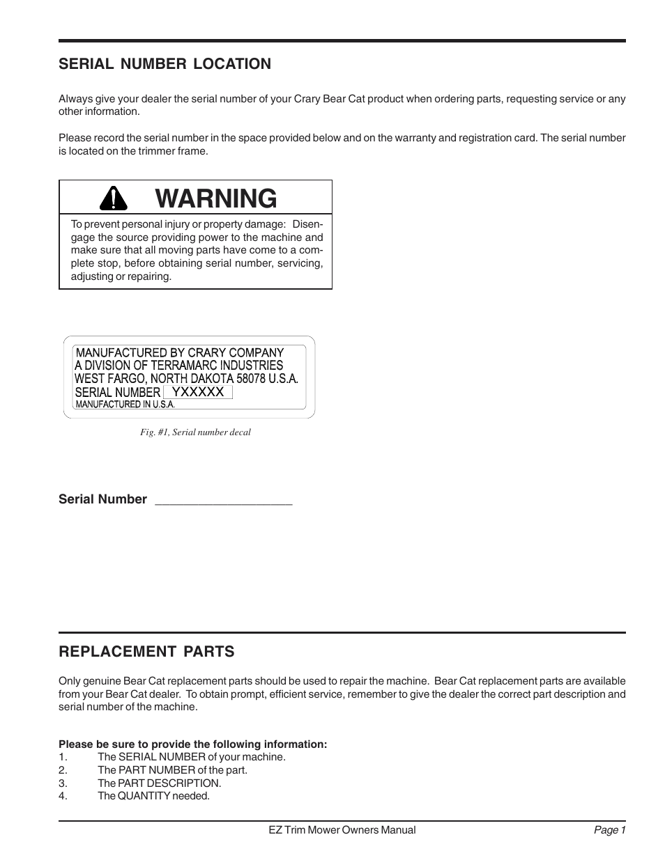Warning, Serial number location, Replacement parts | Echo Bear Cat 73050 User Manual | Page 5 / 22