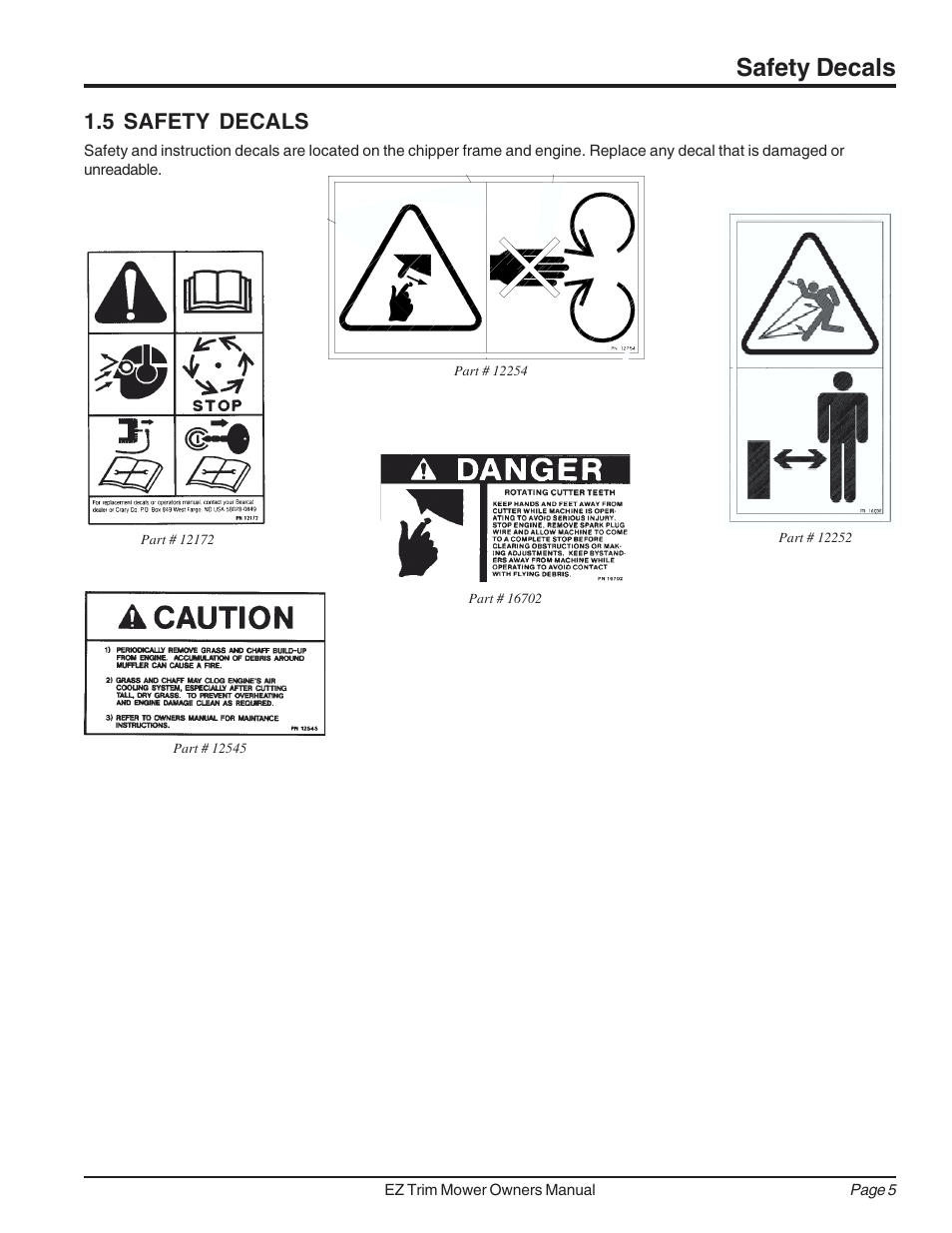 Safety decals, 5 safety decals | Echo Bear Cat 73050 User Manual | Page 9 / 22