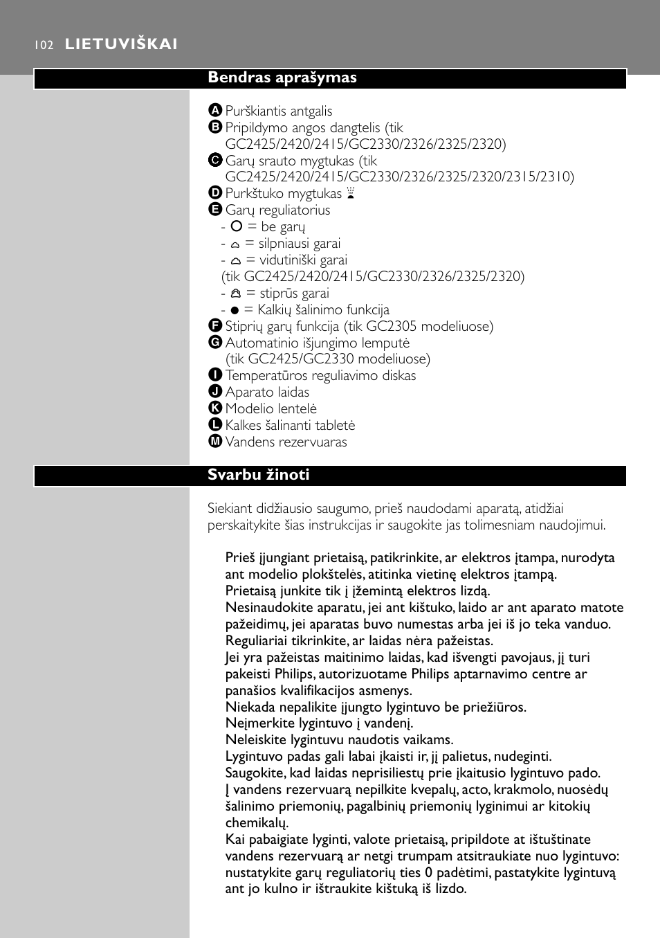 Lietuviškai 102 | Philips GC2305 User Manual | Page 102 / 138