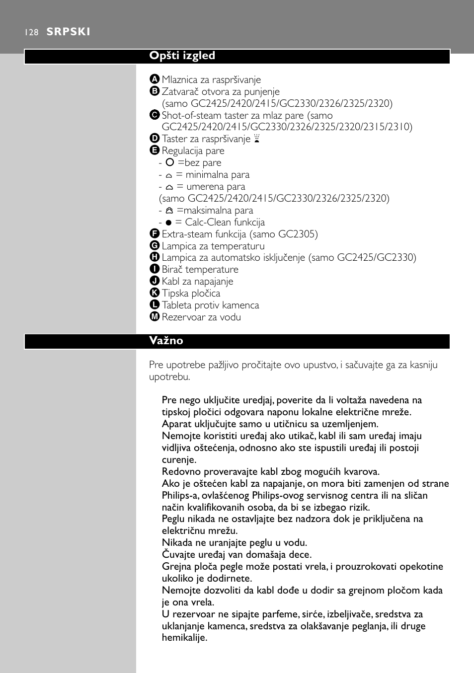 Srpski 128 | Philips GC2305 User Manual | Page 128 / 138