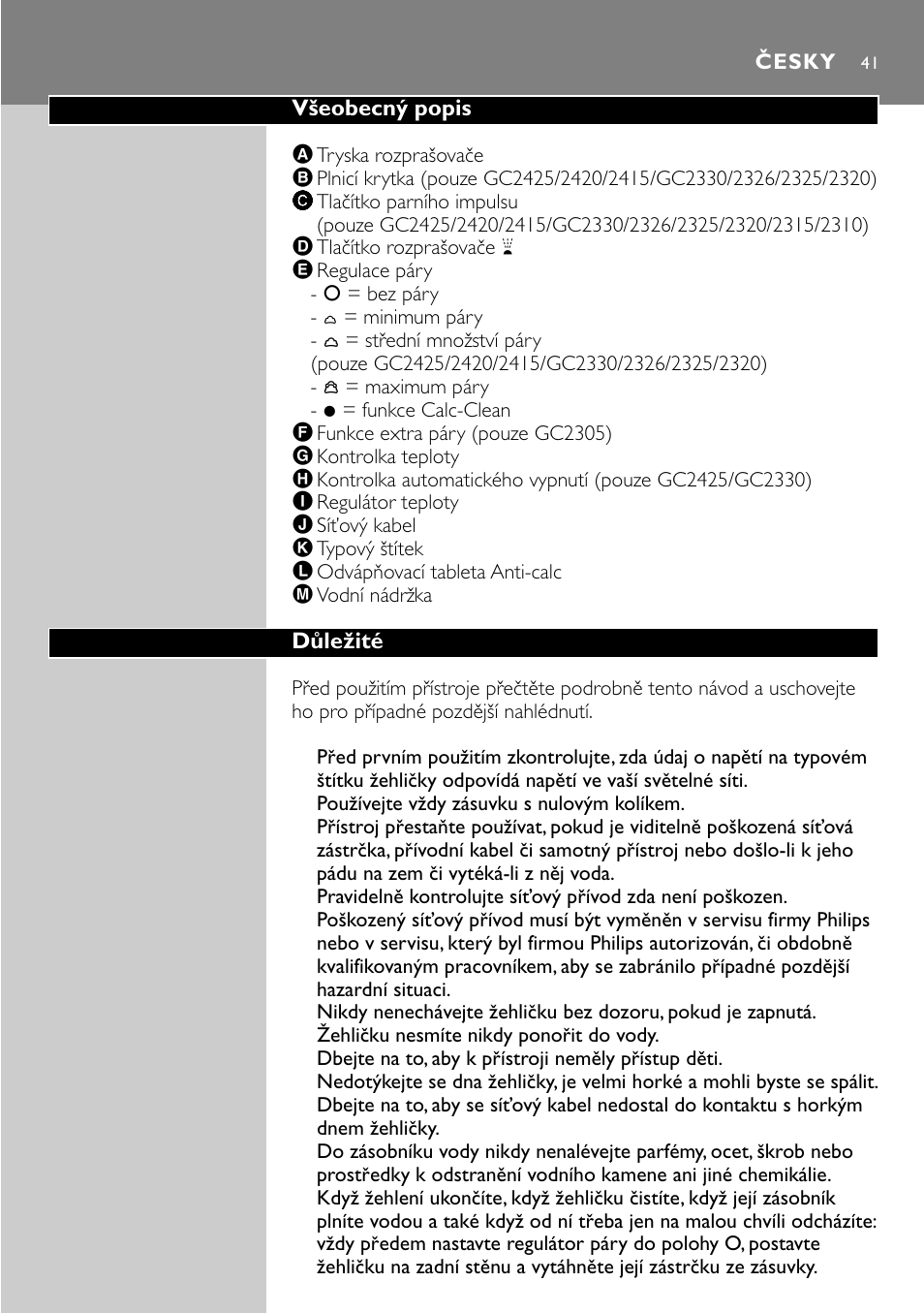 Česky 41 | Philips GC2305 User Manual | Page 41 / 138