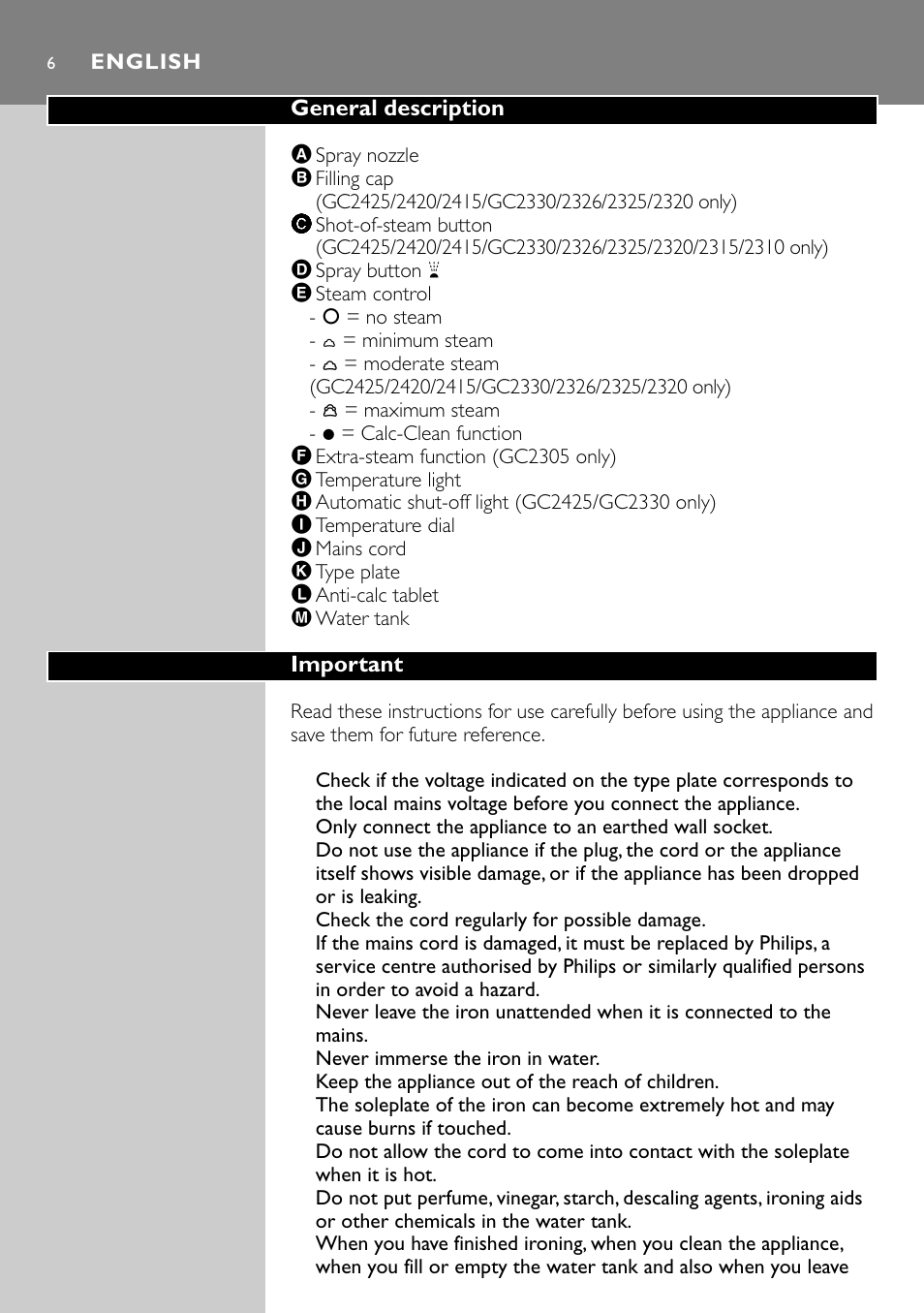 English 6 | Philips GC2305 User Manual | Page 6 / 138
