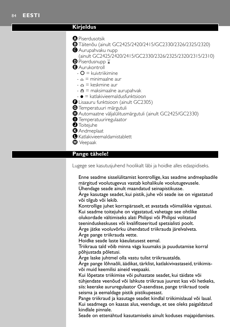 Eesti 84 | Philips GC2305 User Manual | Page 84 / 138