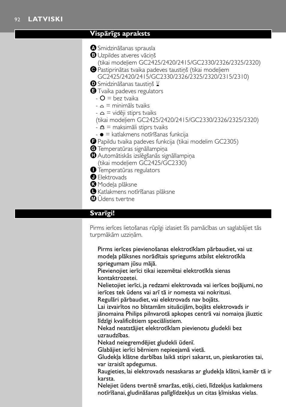 Latviski 92 | Philips GC2305 User Manual | Page 92 / 138