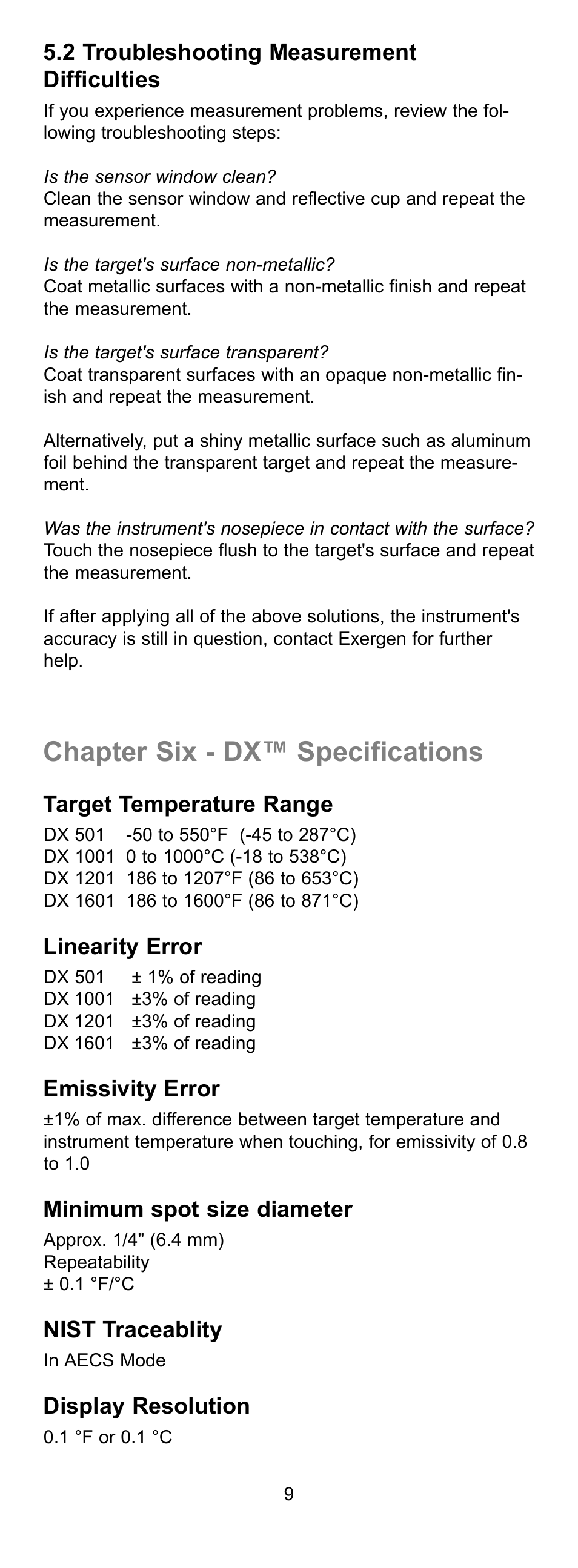 Chapter six - dx™ specifications, 2 troubleshooting measurement difficulties, Target temperature range | Linearity error, Emissivity error, Minimum spot size diameter, Nist traceablity, Display resolution | Exergen DX User Manual | Page 12 / 16