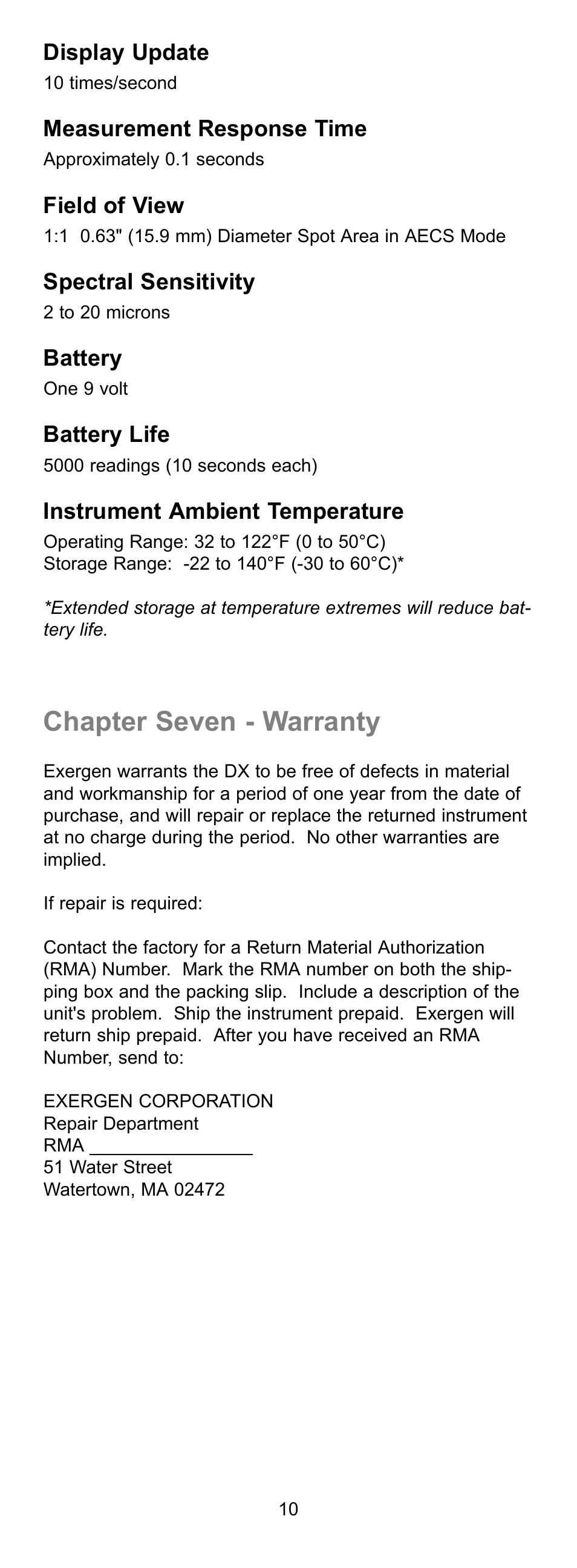 Chapter seven - warranty | Exergen DX User Manual | Page 13 / 16