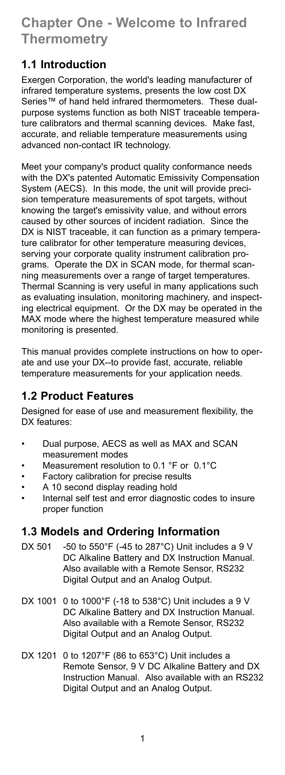Chapter one - welcome to infrared thermometry, 1 introduction, 2 product features | 3 models and ordering information | Exergen DX User Manual | Page 4 / 16