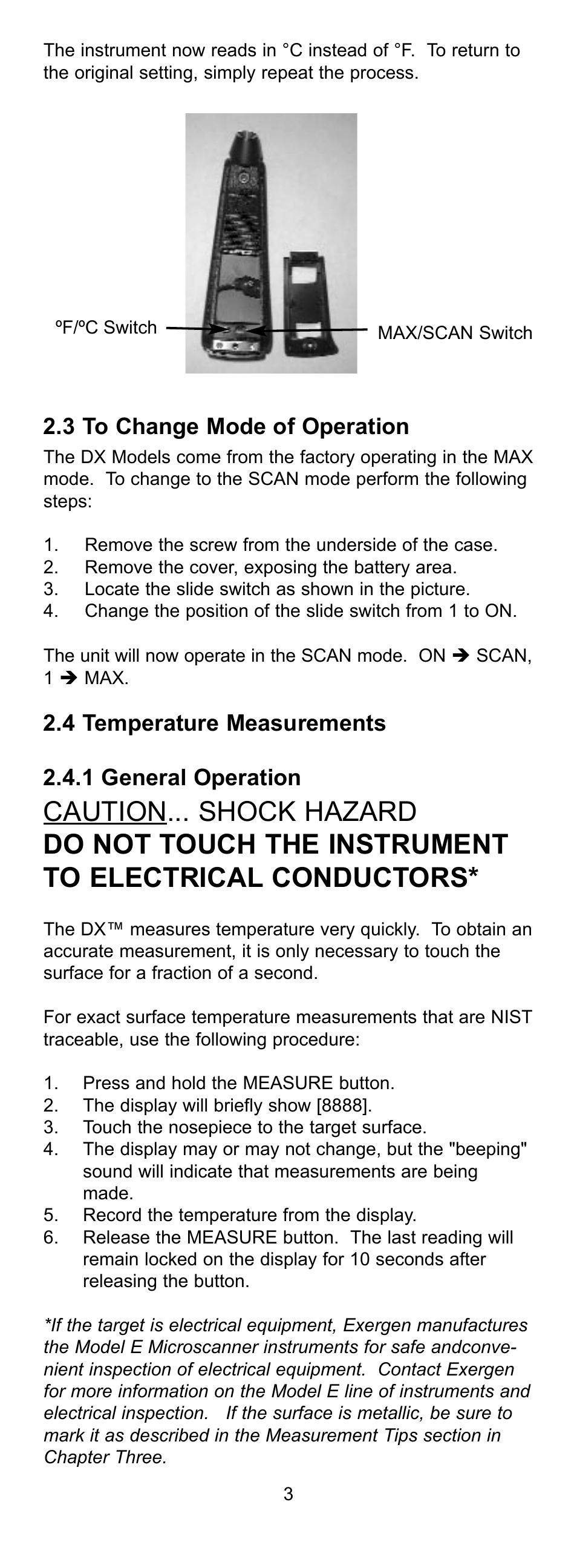3 to change mode of operation, 4 temperature measurements 2.4.1 general operation | Exergen DX User Manual | Page 6 / 16