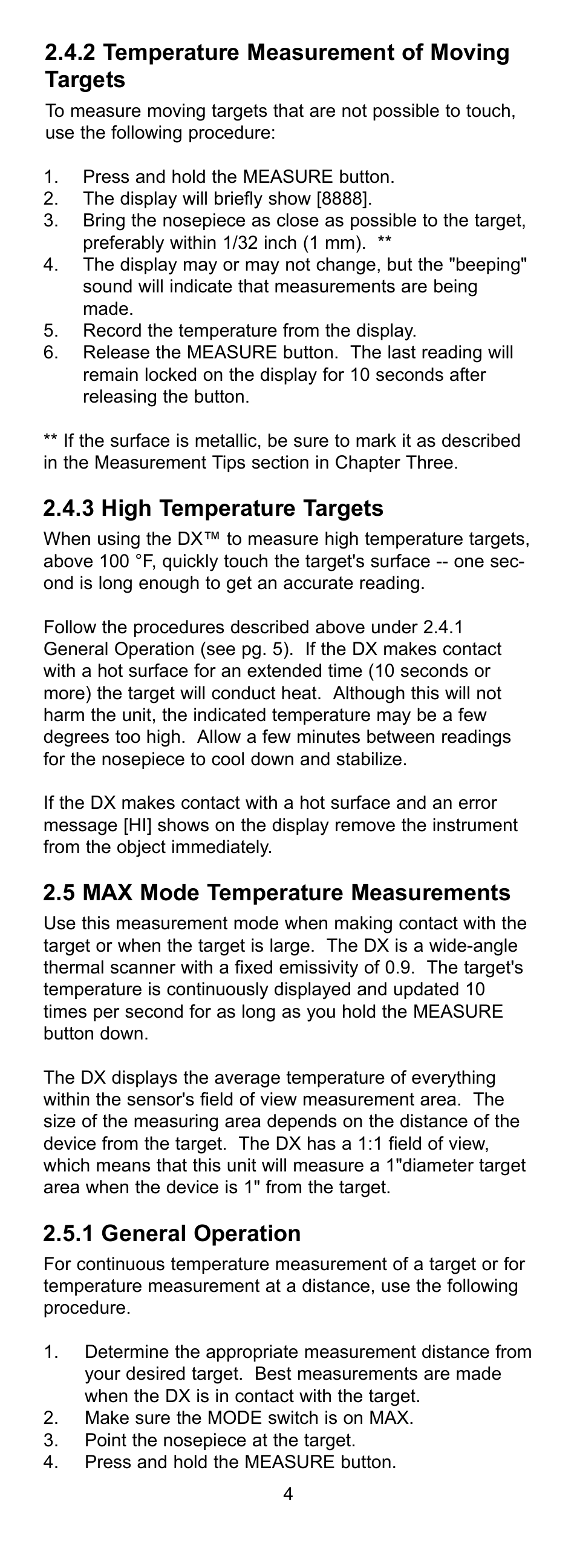 2 temperature measurement of moving targets, 3 high temperature targets, 5 max mode temperature measurements | 1 general operation | Exergen DX User Manual | Page 7 / 16