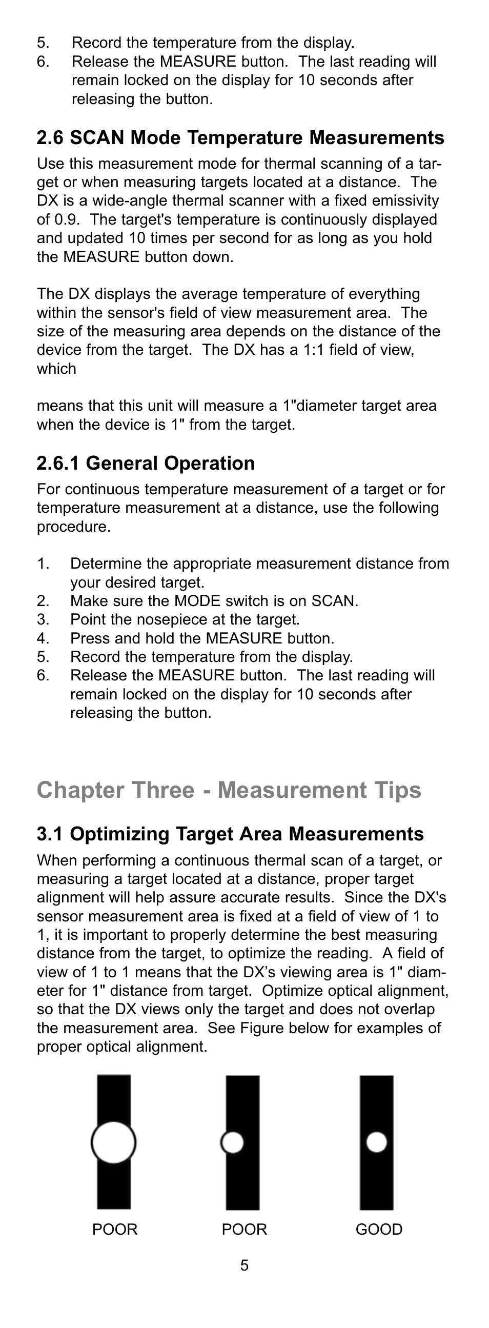 Chapter three - measurement tips, 6 scan mode temperature measurements, 1 general operation | 1 optimizing target area measurements | Exergen DX User Manual | Page 8 / 16