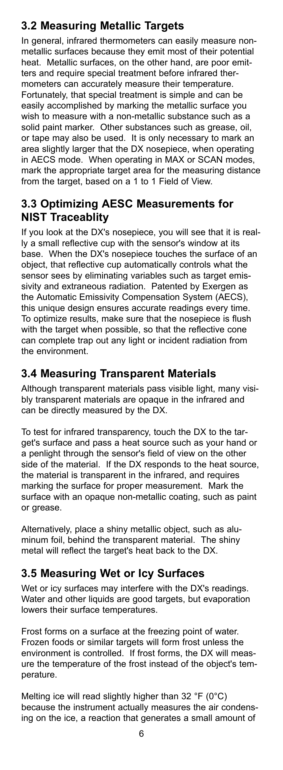 2 measuring metallic targets, 4 measuring transparent materials, 5 measuring wet or icy surfaces | Exergen DX User Manual | Page 9 / 16