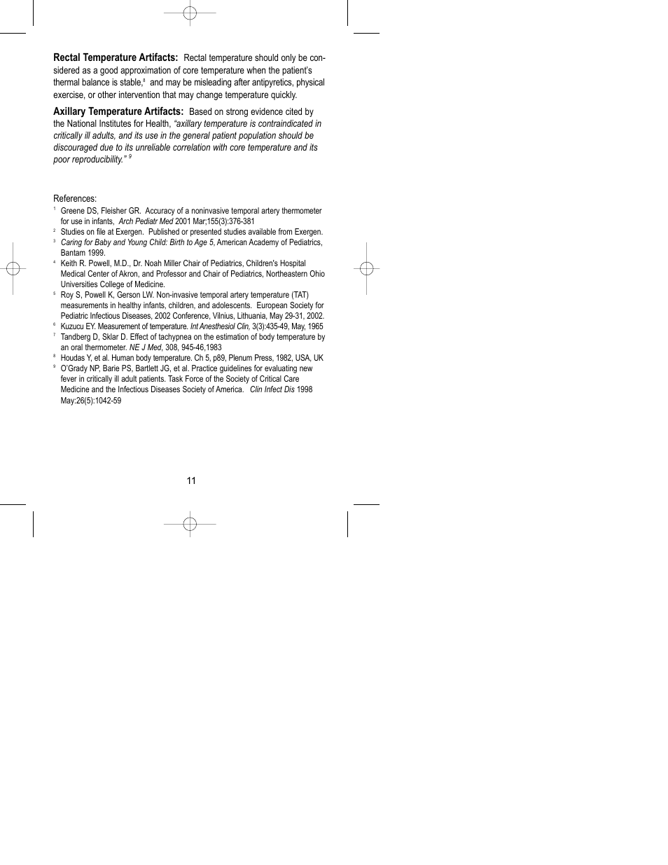 Rectal temperature artifacts, Axillary temperature artifacts | Exergen Temporal Scanner 2000C User Manual | Page 11 / 16