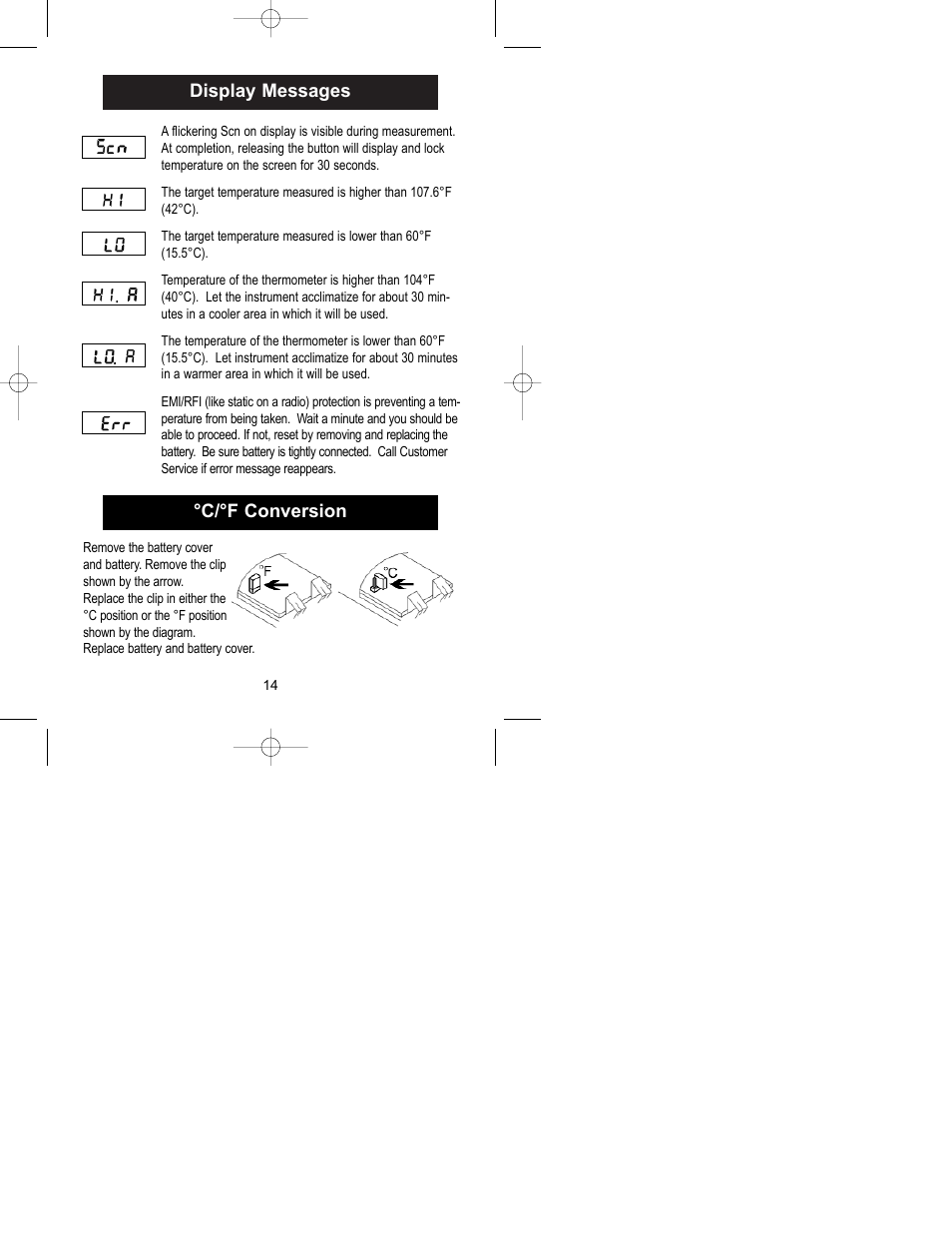 Display messages, C/°f conversion | Exergen Temporal Scanner 2000C User Manual | Page 14 / 16