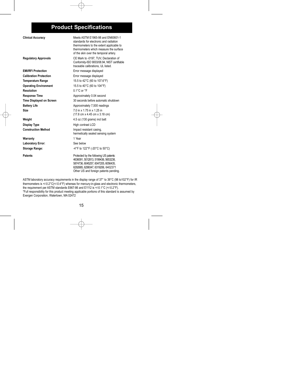 Product specifications | Exergen Temporal Scanner 2000C User Manual | Page 15 / 16