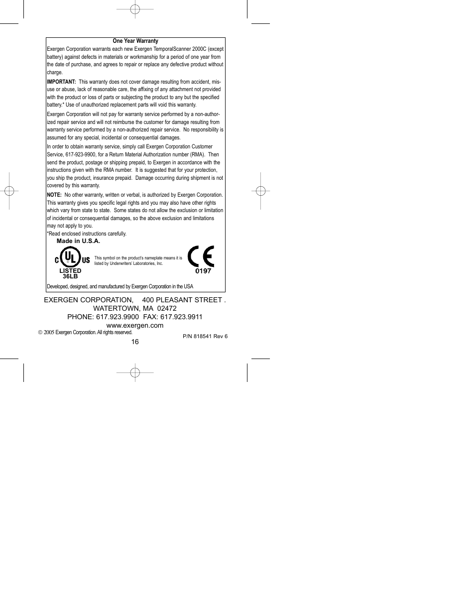 Exergen Temporal Scanner 2000C User Manual | Page 16 / 16