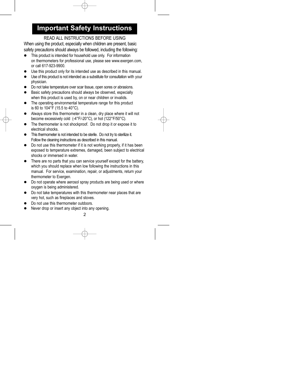 Important safety instructions | Exergen Temporal Scanner 2000C User Manual | Page 2 / 16