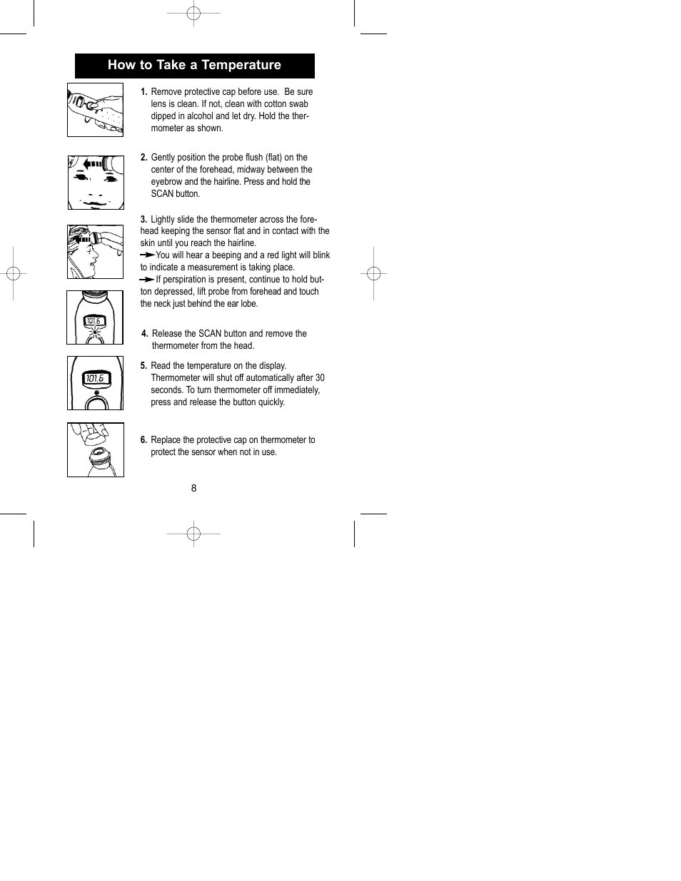 How to take a temperature | Exergen Temporal Scanner 2000C User Manual | Page 8 / 16